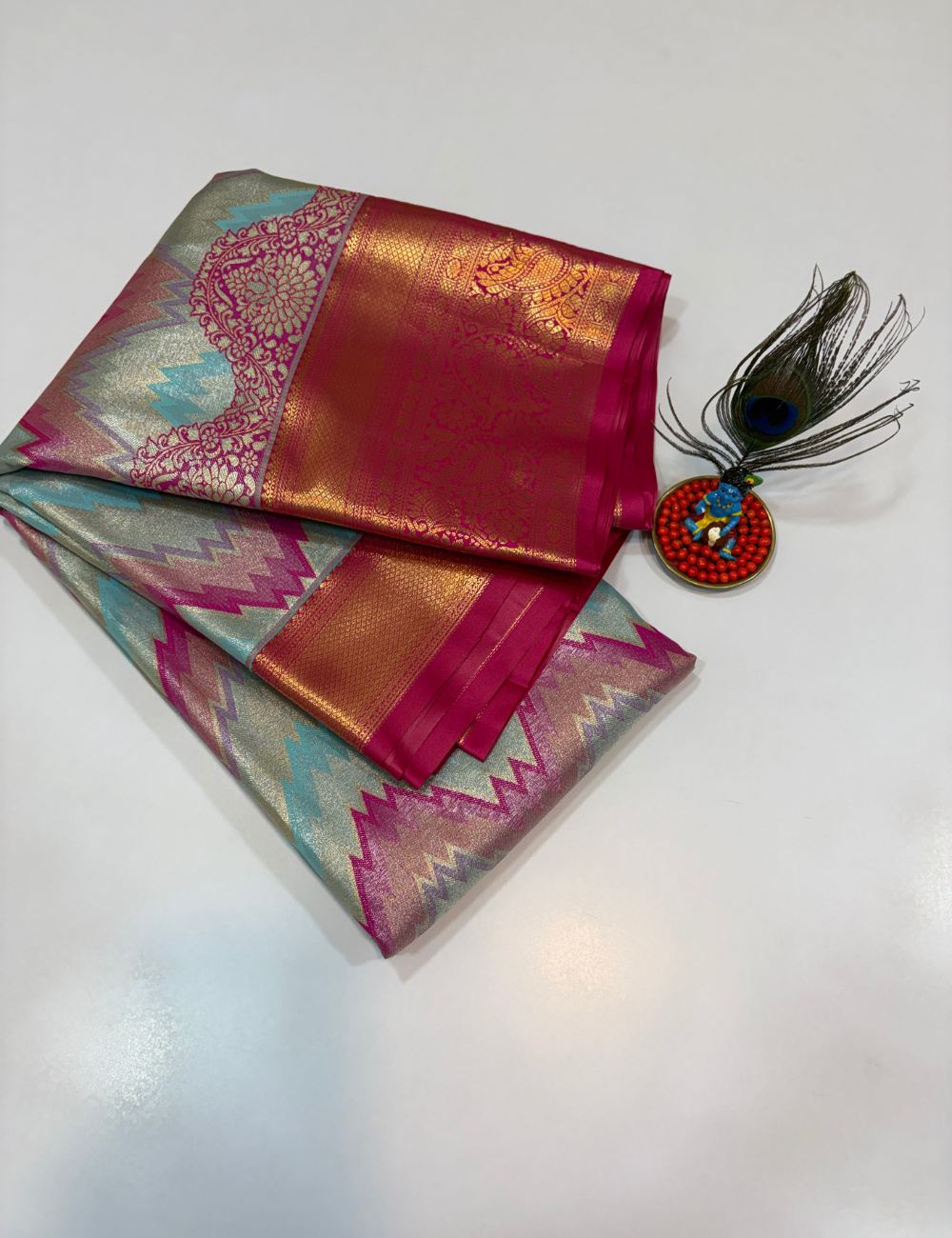 Ocean Blue with Rani Pink Korvai Contrast Tissue Semi Bridal Silk Saree | Full Brocade Weaving | Aadithya Handlooms