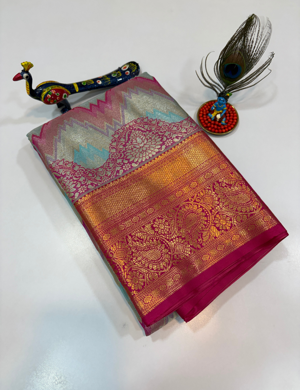Ocean Blue with Rani Pink Korvai Contrast Tissue Semi Bridal Silk Saree | Full Brocade Weaving | Aadithya Handlooms
