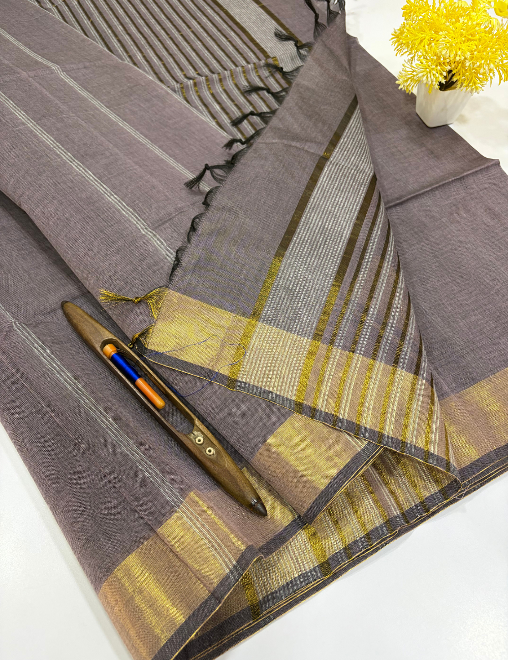 Smoky Lavender Grey Pure Cotton Saree with Gold Jari Border