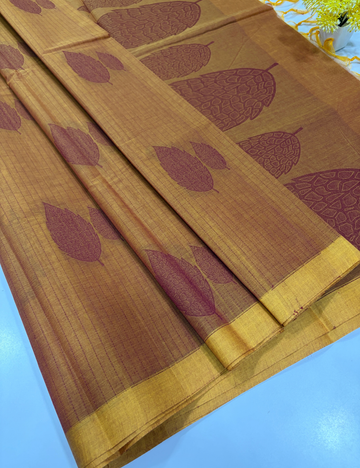 Pure Cotton Pochampally Mustard Gold Striped Thread Putta Saree