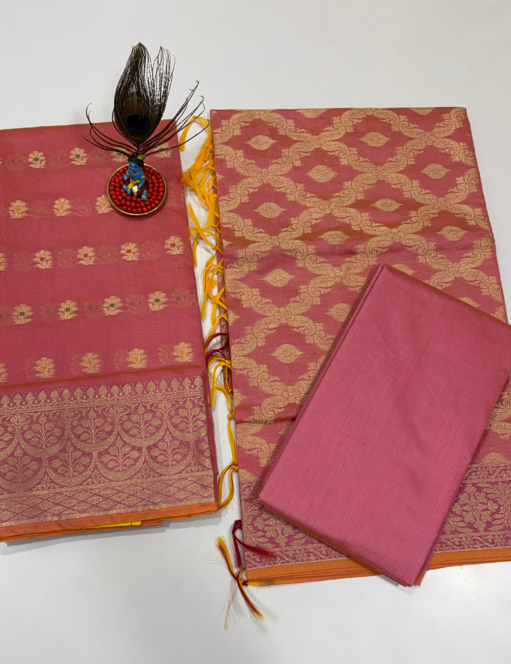 Lotus Pink Handloom Silk Cotton 3 Pc Salwar Set with Self Weave Floral Jacquard | Elegant Monotone Ethnic Dress Material