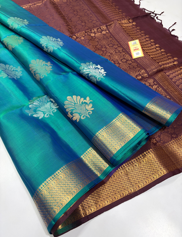 Peacock Blue Dual Tone Deep Maroon Pallu & Blouse Golden Zari Kanchi Border Handloom Pure Soft Silk Saree