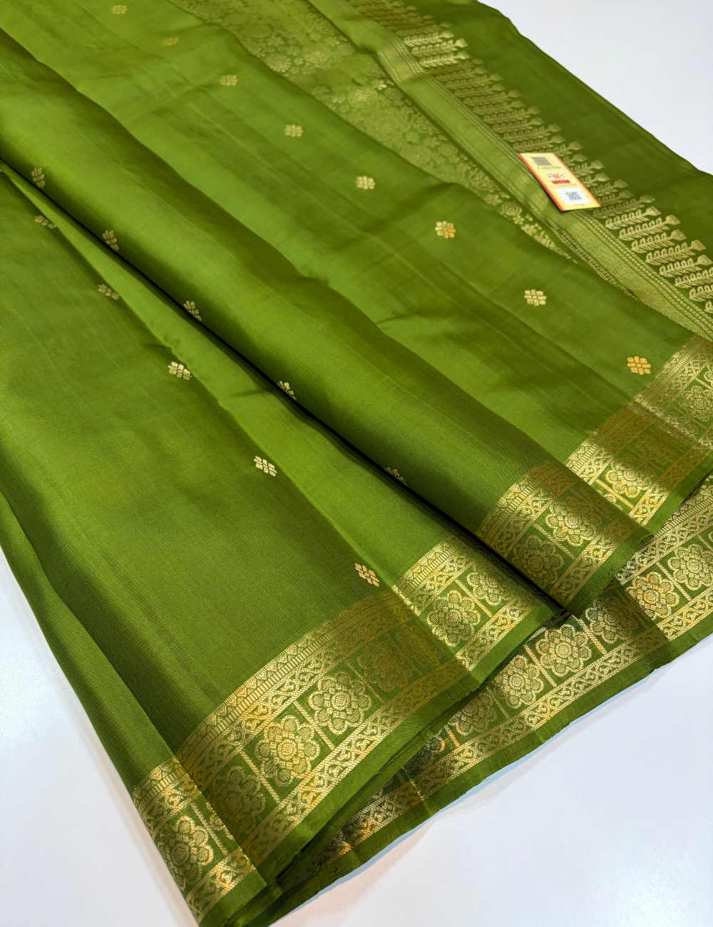 Green Gram Handloom Pure Soft Silk Saree with Silk Mark | Self Colour Kanchi Border with Gold Zari Buttas