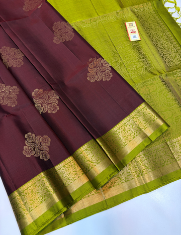 Deep Wine & Lime Green Kanchi Border Handloom Pure Softsilk Saree