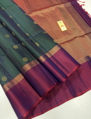 Forest Green Handloom Pure Soft Silk Saree with Eggplant Purple Vairaoosi Weaves & Tie and Dye Contrast Border | Silk Mark Certified
