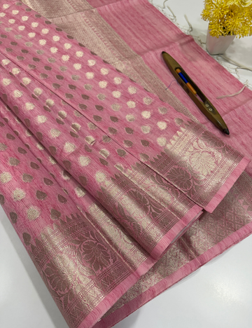 Light Pink Matka Silk Cotton Saree with Full Zari Butta | Rich Zari Border & Brocade Blouse