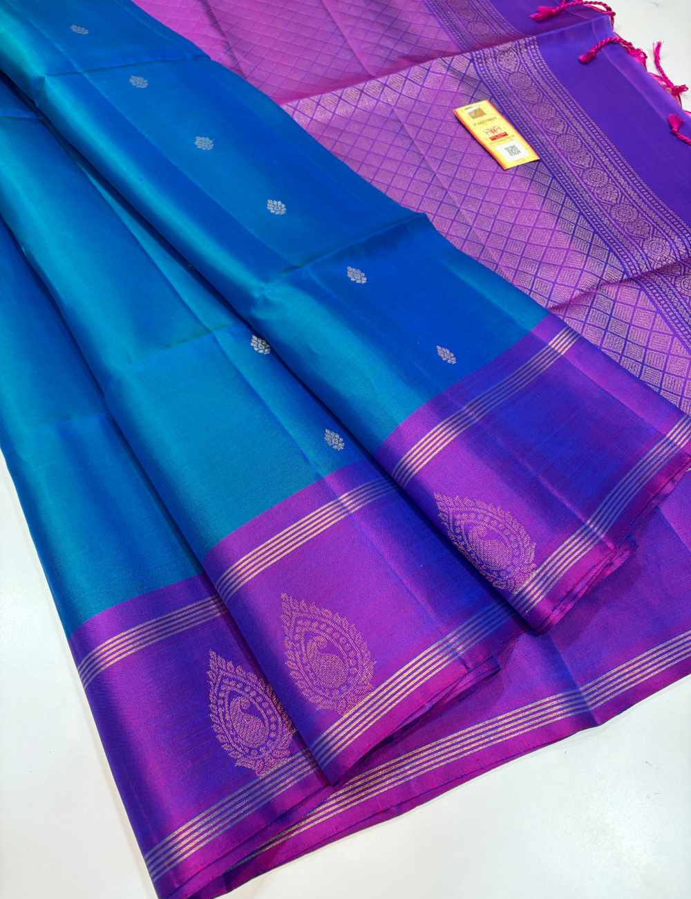 Turquoise Blue with Rich Purple Contrast Handloom Pure Softsilk Saree with Silk Mark