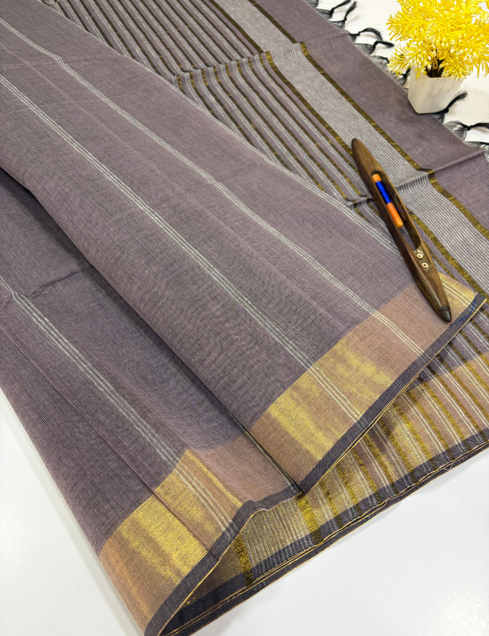 Smoky Lavender Grey Pure Cotton Saree with Gold Jari Border