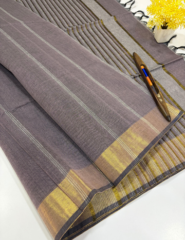 Smoky Lavender Grey Pure Cotton Saree with Gold Jari Border