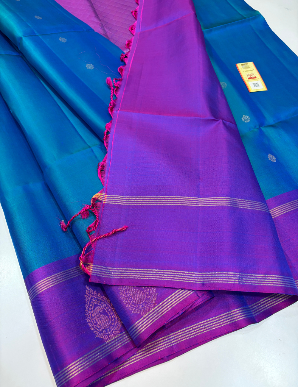 Turquoise Blue with Rich Purple Contrast Handloom Pure Softsilk Saree with Silk Mark