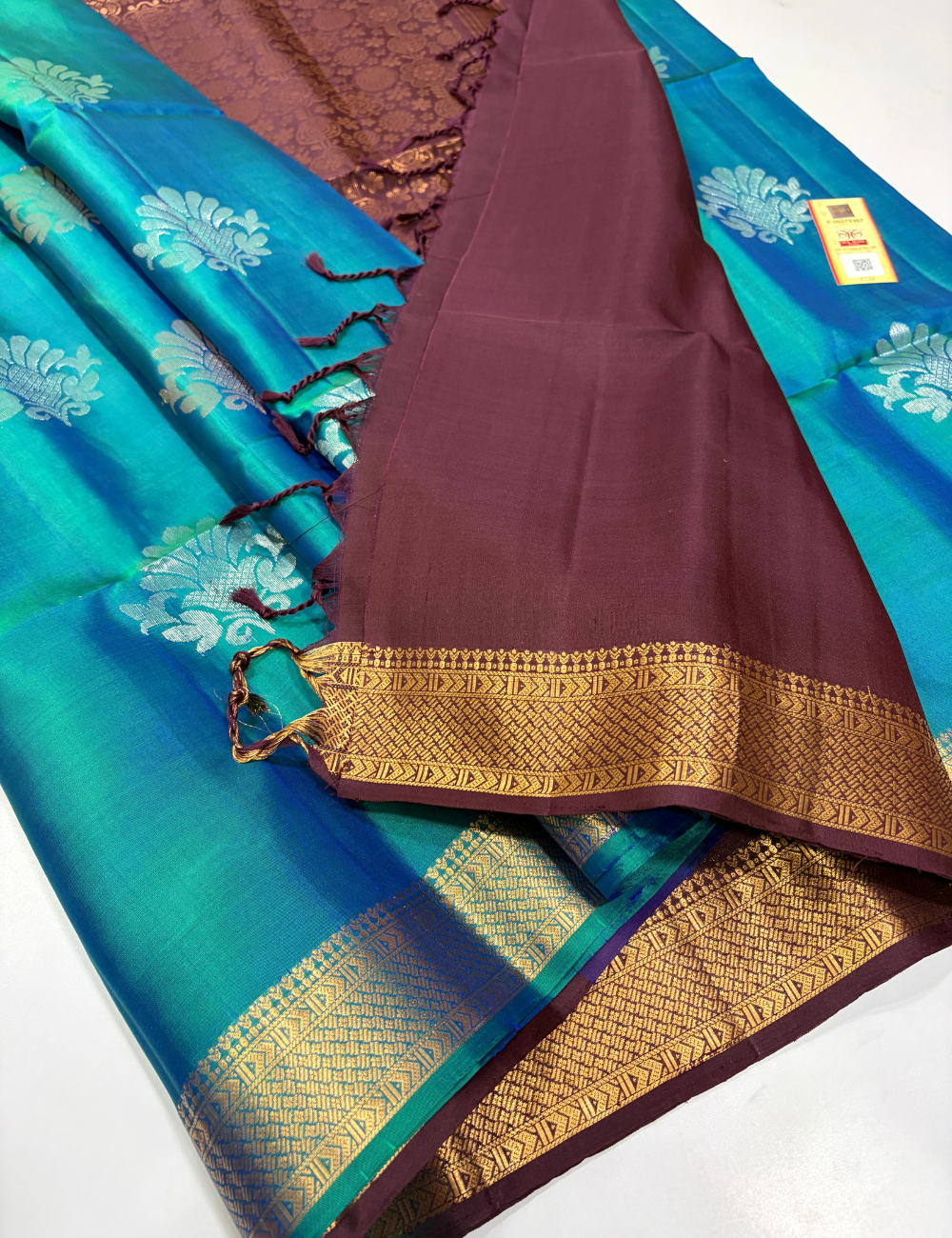 Peacock Blue Dual Tone Deep Maroon Pallu & Blouse Golden Zari Kanchi Border Handloom Pure Soft Silk Saree