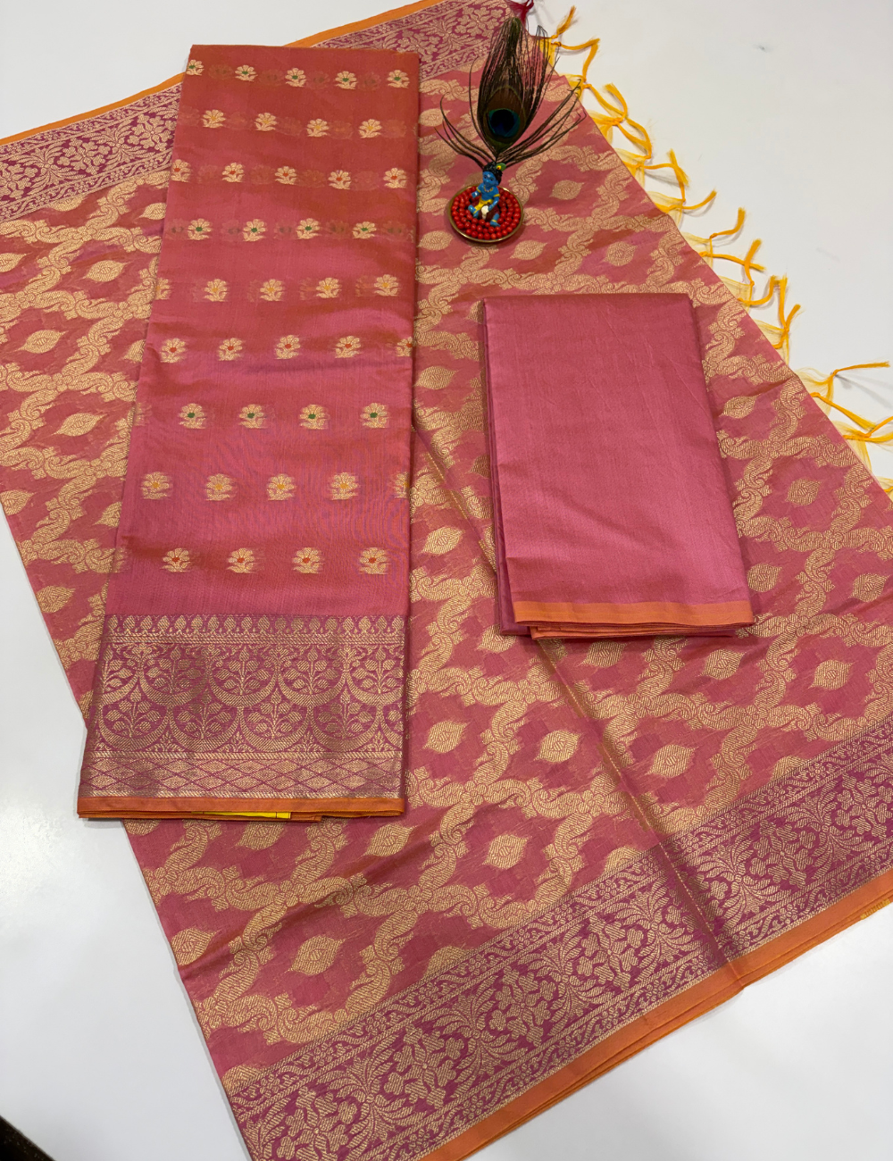 Lotus Pink Handloom Silk Cotton 3 Pc Salwar Set with Self Weave Floral Jacquard | Elegant Monotone Ethnic Dress Material