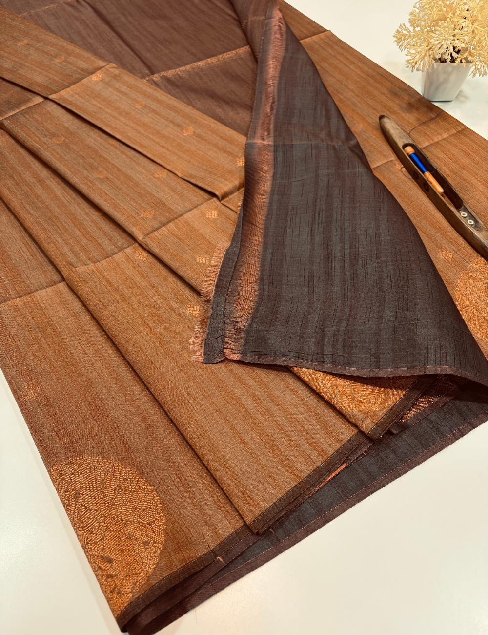 Aurelia Soft Silk Saree – Antique Copper with Deep Wine