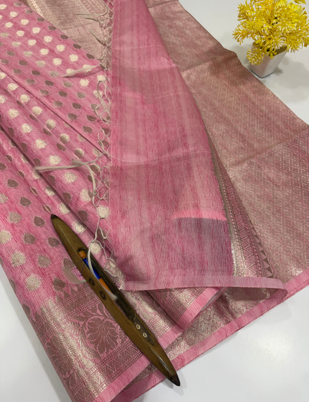 Light Pink Matka Silk Cotton Saree with Full Zari Butta | Rich Zari Border & Brocade Blouse