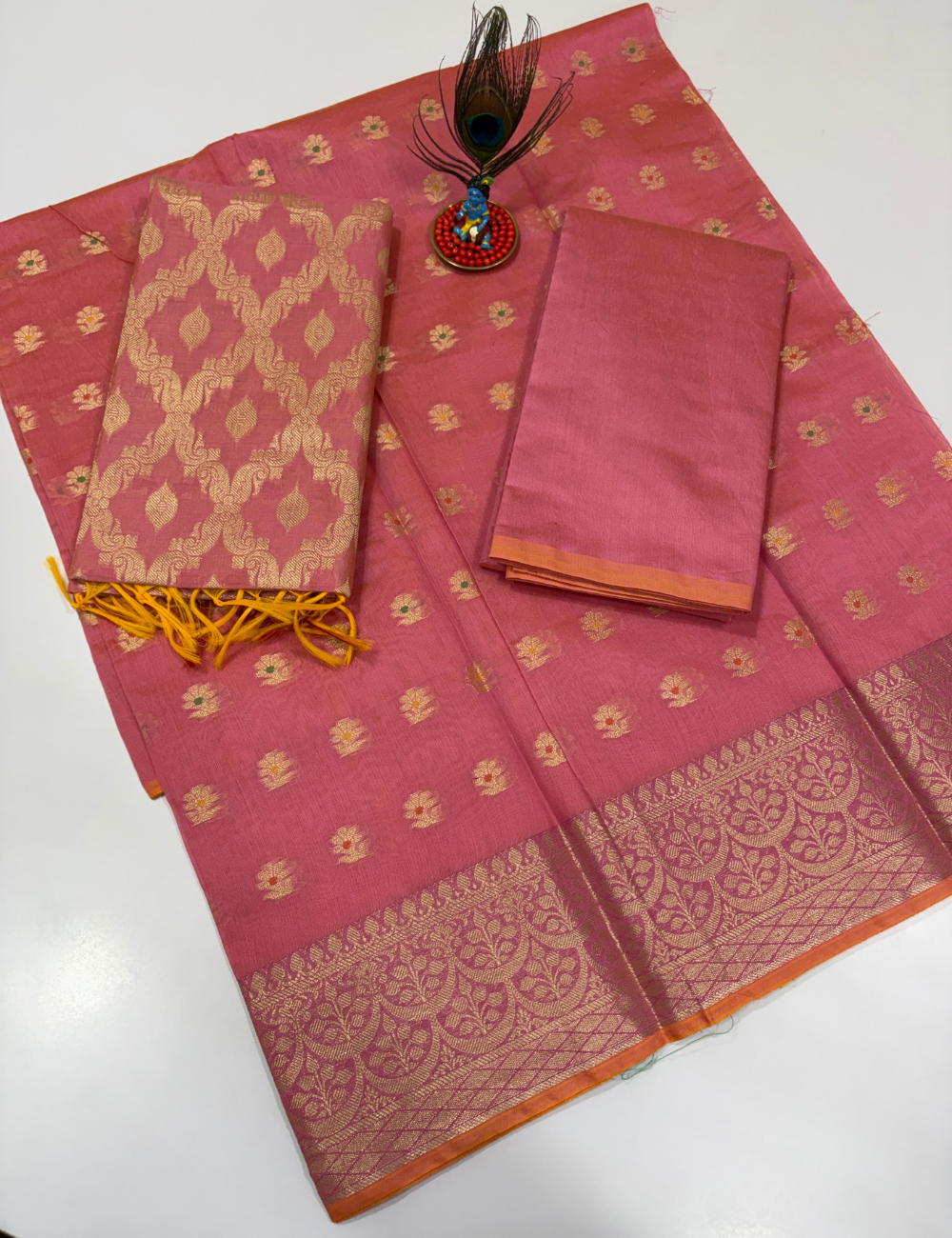 Lotus Pink Handloom Silk Cotton 3 Pc Salwar Set with Self Weave Floral Jacquard | Elegant Monotone Ethnic Dress Material