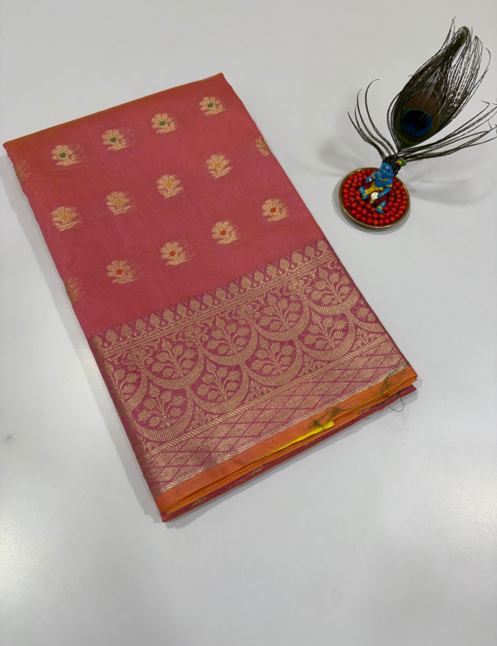 Lotus Pink Handloom Silk Cotton 3 Pc Salwar Set with Self Weave Floral Jacquard | Elegant Monotone Ethnic Dress Material