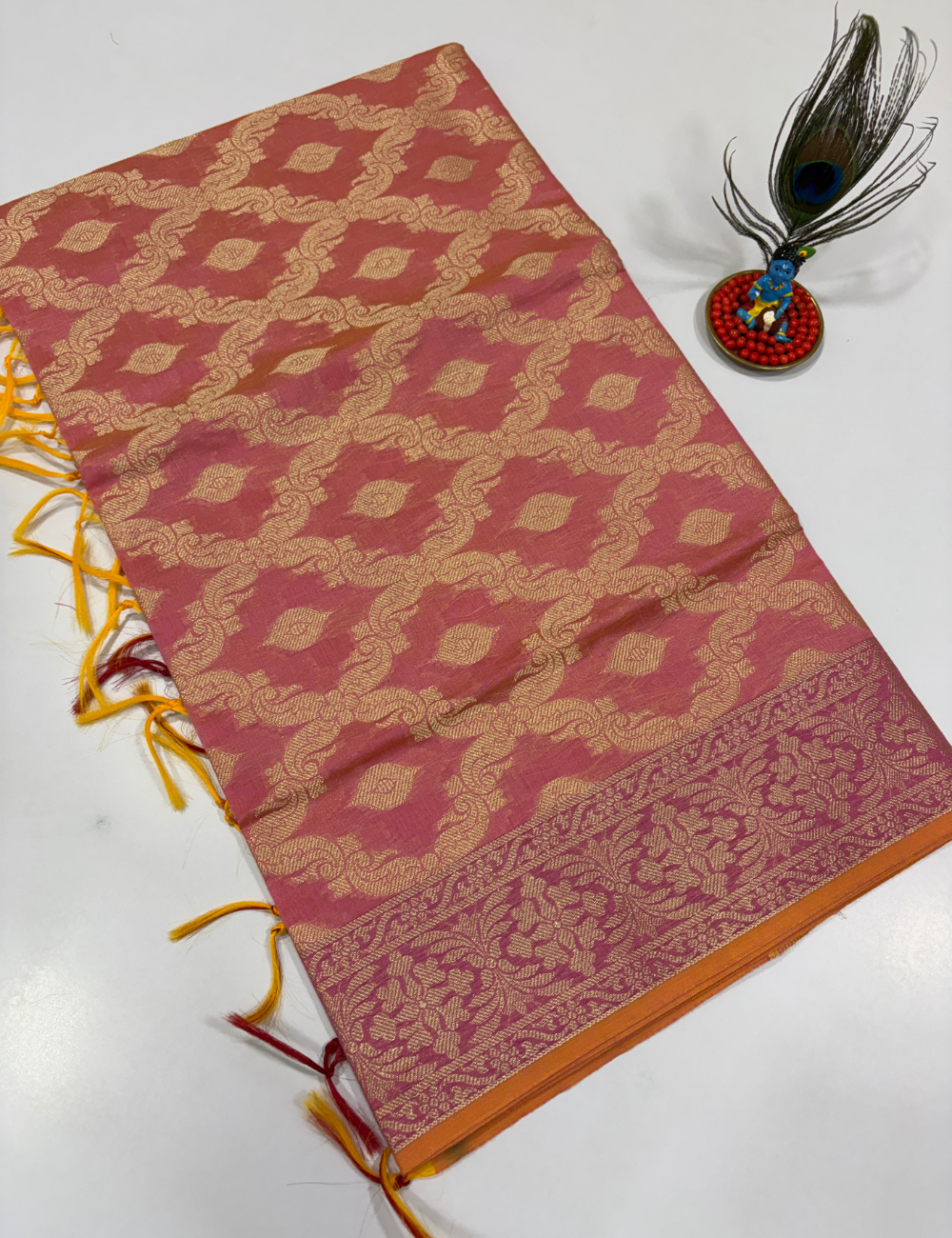 Lotus Pink Handloom Silk Cotton 3 Pc Salwar Set with Self Weave Floral Jacquard | Elegant Monotone Ethnic Dress Material