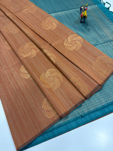 Terracotta Brown with Deep Turquoise Blue – Handloom Semi Raw Softsilk Saree