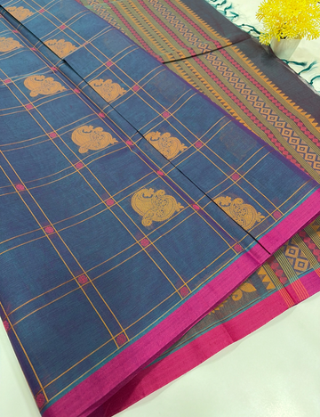 Negamam Pure Cotton Checked Saree – Navy Blue with Thread Putta