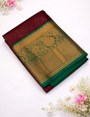 Semi Bridal Kanchi Silk Saree – Navy Blue with Rama Green