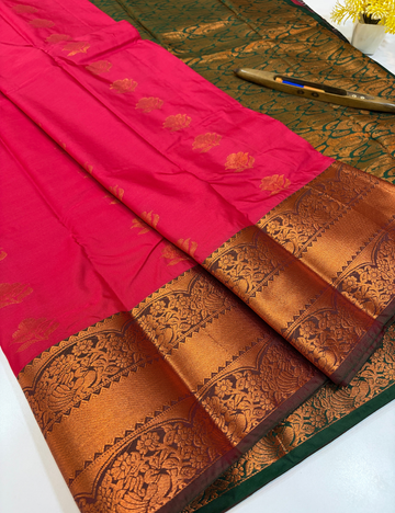 Handloom RRani Pink Semi Soft Silk Saree with Kanchi Border | Bottle Green Pallu & Blouse