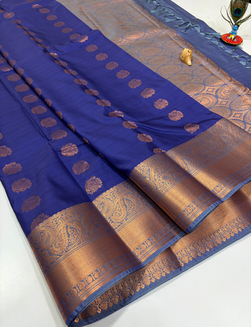 Blue Semi Soft Silk Saree with Kanchi Border | Teal Grey Pallu & Blouse