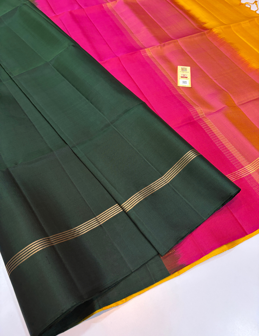 Plain Bottle Green Pure Soft Silk Saree with Tricolour Pallu & Yellow Blouse | Elegant Festive Contrast Saree