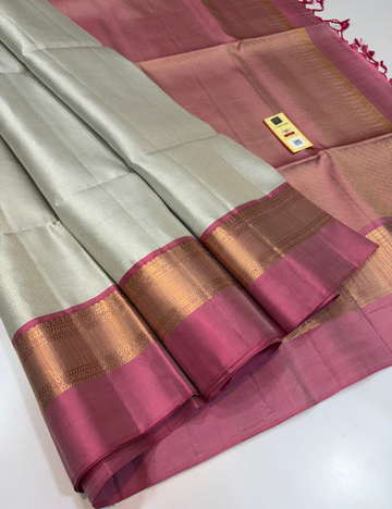 White Full Brocade Handloom Pure Soft Silk Saree with Baby Pink Contrast Kanchi Border | Silk Mark Certified