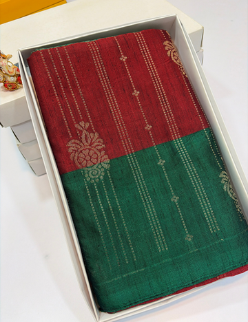 Maroon with Green Contrast Border Dubion Semi Softsilk Saree – Handloom