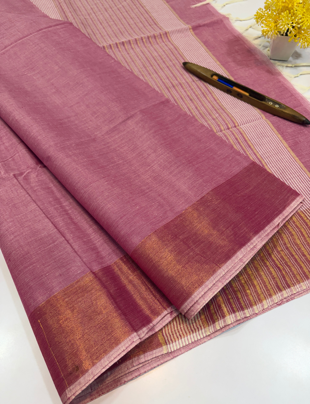Negamam Pure Cotton Saree in Lavender Mauve with Plain Body & Copper Zari Border | Self Colour Pallu & Blouse