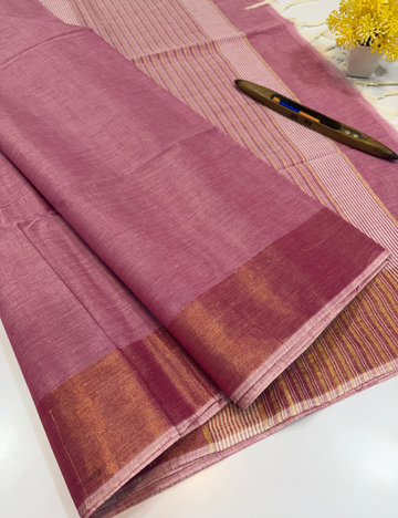 Negamam Pure Cotton Saree in Lavender Mauve with Plain Body & Copper Zari Border | Self Colour Pallu & Blouse