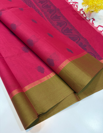 Negamam Pure Cotton Saree – Ruby Pink with Meganthi Green Border