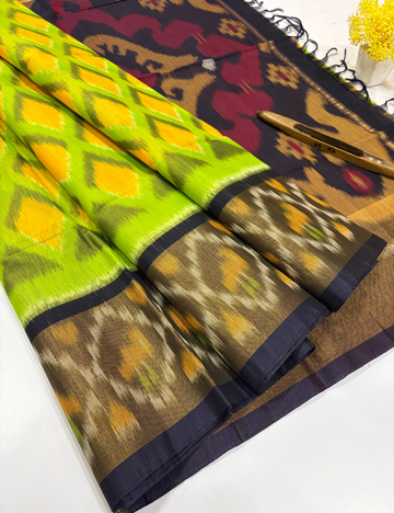 Handloom Pure Silkcotton Pochampally Saree – Fluorescent Green & Navy Blue Elegance