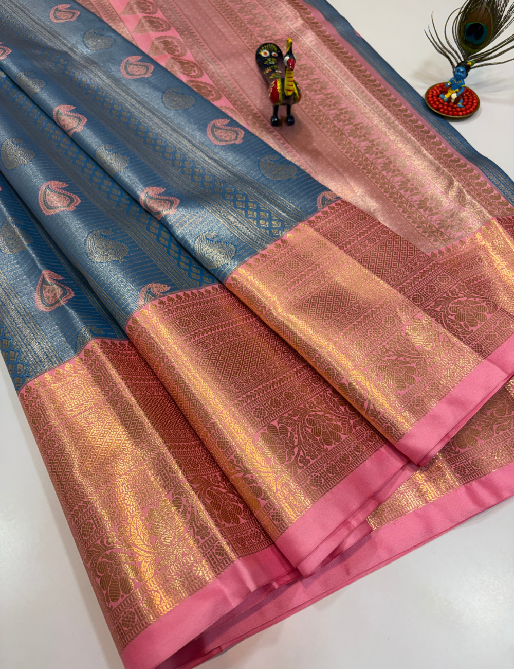 Sea Blue with Candy Pink Korvai Contrast Tissue Semi Bridal Silk Saree | Full Brocade Weaving | Aadithya Handlooms