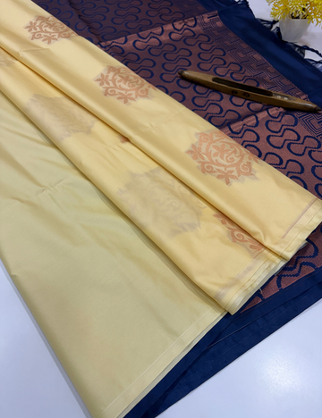 Borderless Semi Softsilk Saree in Cream with Navy Blue