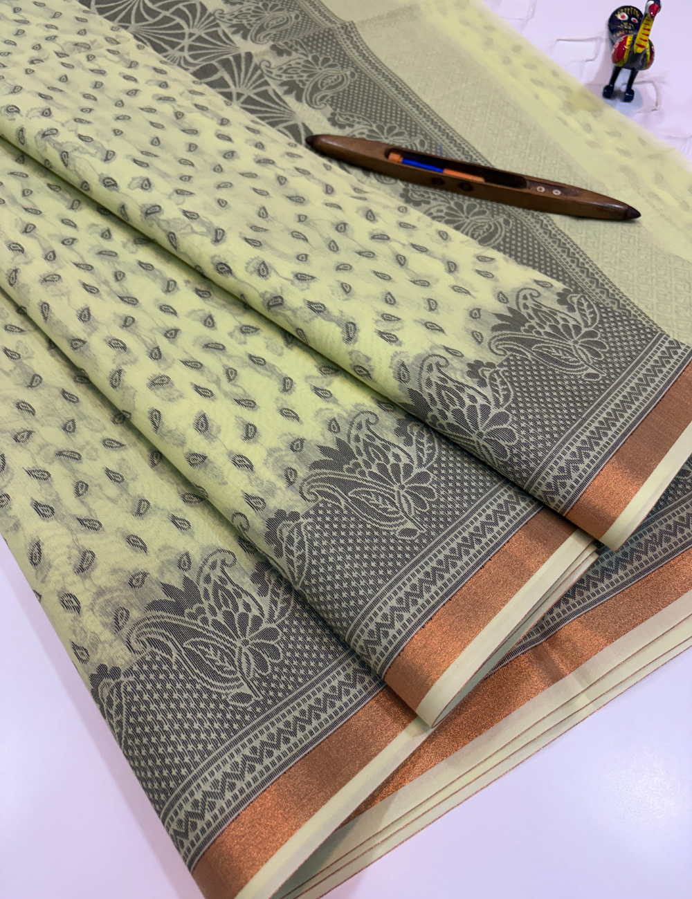 Lemon Yellow Semi Silk Cotton Saree with Gold Jari Piping Border & Jacquard Blouse | Turning Border