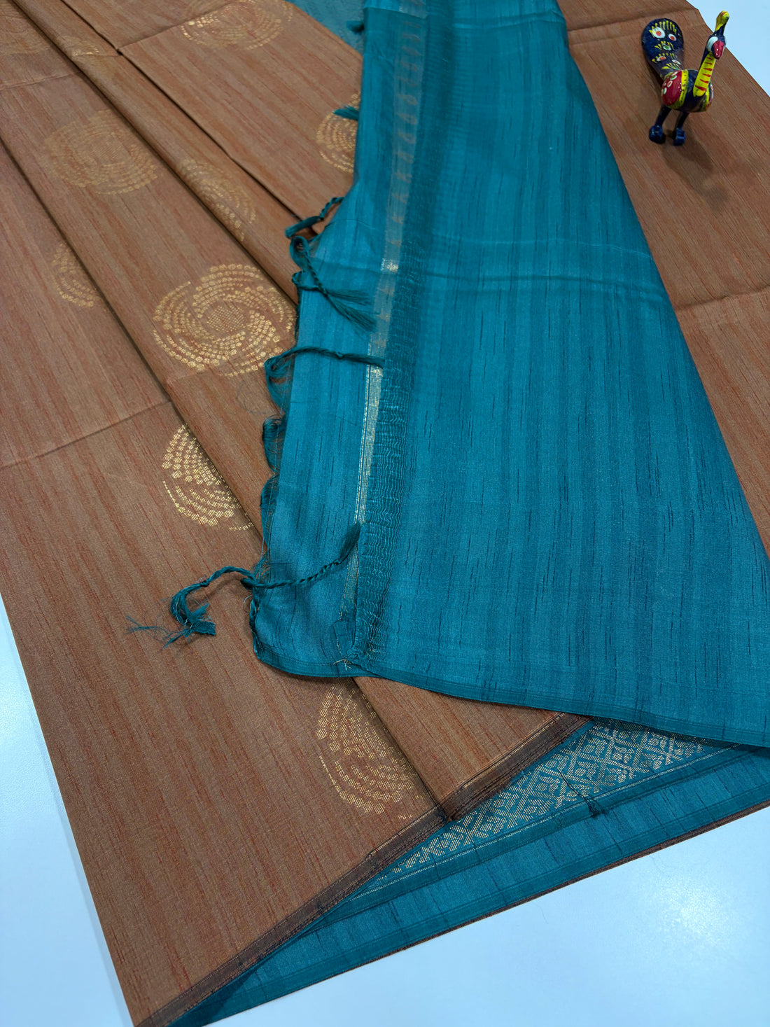 Terracotta Brown with Deep Turquoise Blue – Handloom Semi Raw Softsilk Saree