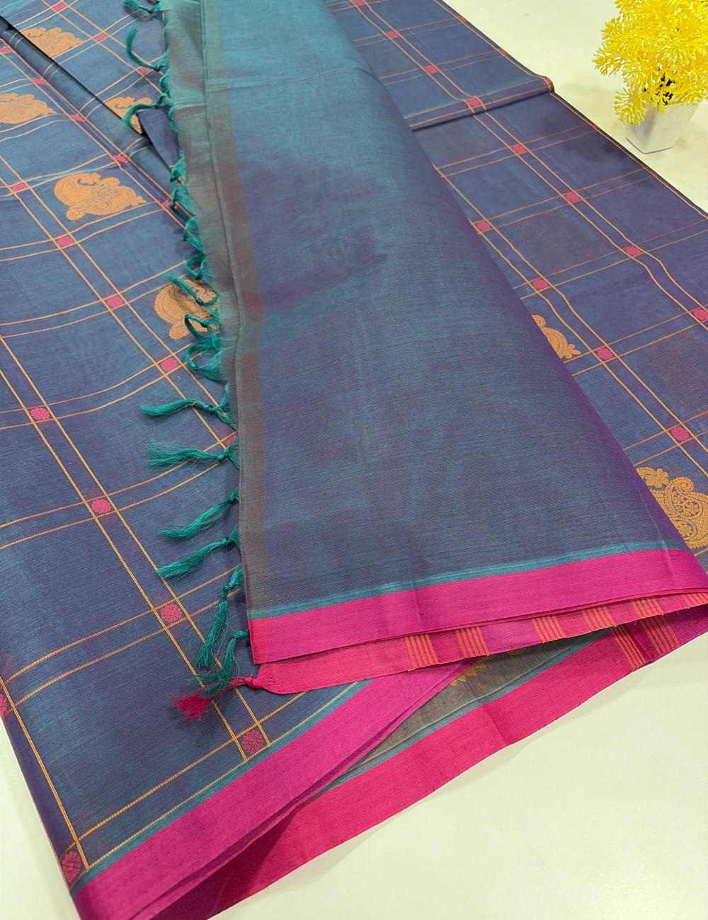 Negamam Pure Cotton Checked Saree – Navy Blue with Thread Putta