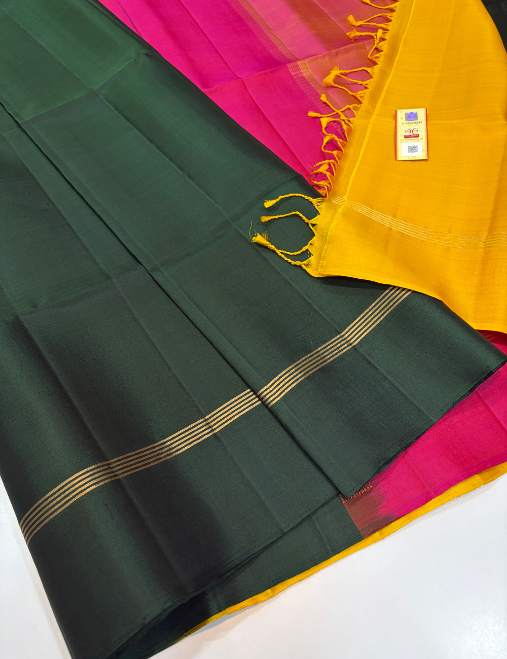 Plain Bottle Green Pure Soft Silk Saree with Tricolour Pallu & Yellow Blouse | Elegant Festive Contrast Saree