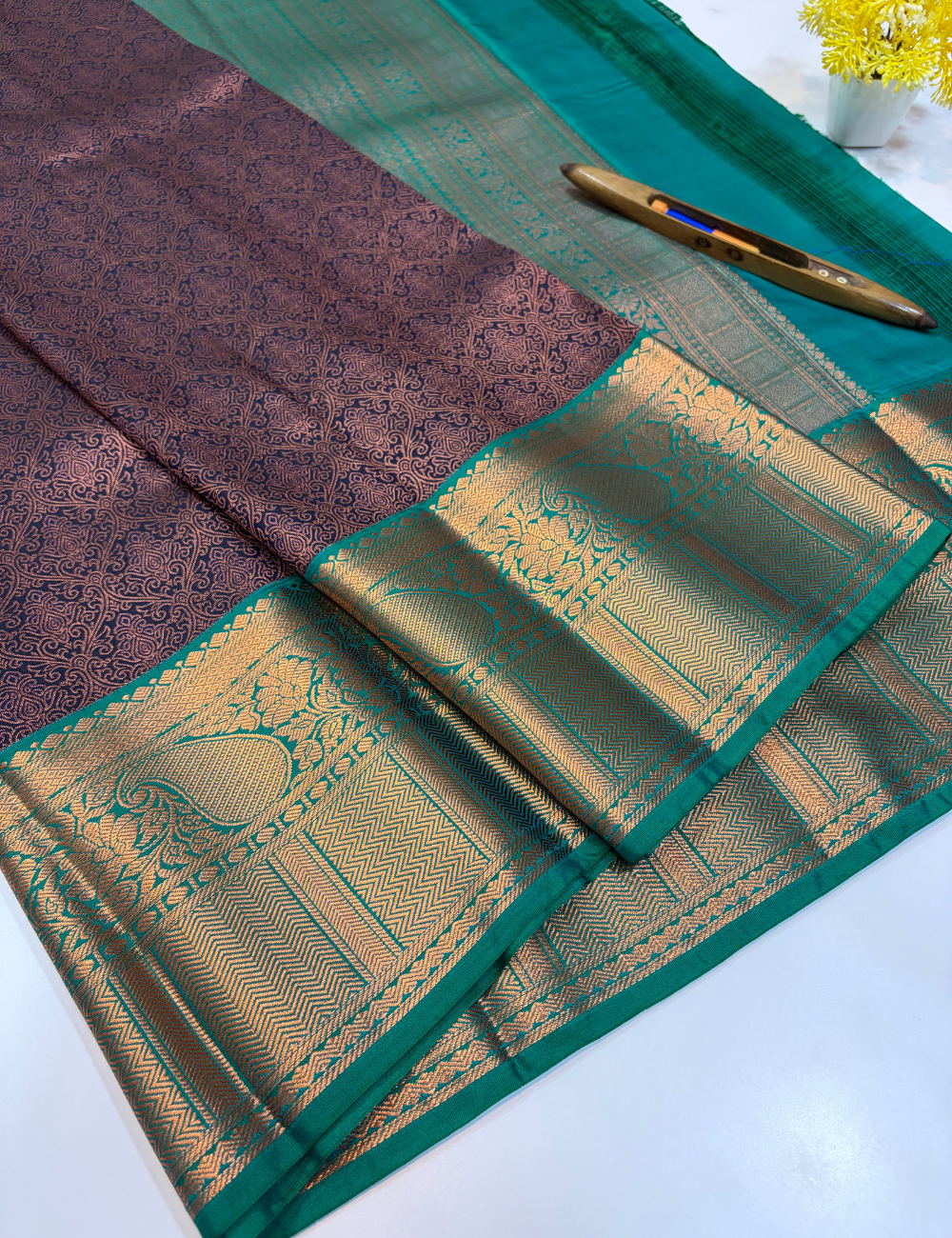 Semi Bridal Kanchi Silk Saree – Navy Blue with Rama Green