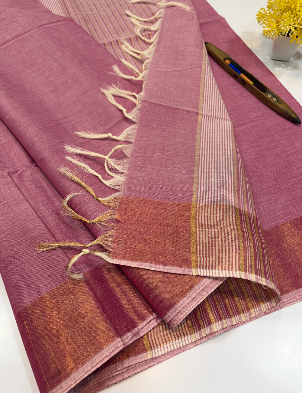 Negamam Pure Cotton Saree in Lavender Mauve with Plain Body & Copper Zari Border | Self Colour Pallu & Blouse