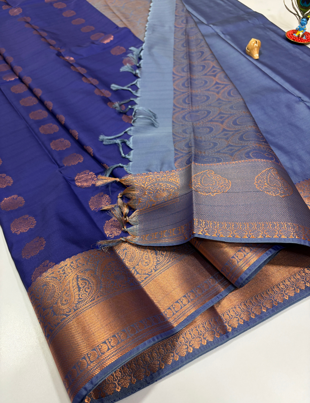 Blue Semi Soft Silk Saree with Kanchi Border | Teal Grey Pallu & Blouse