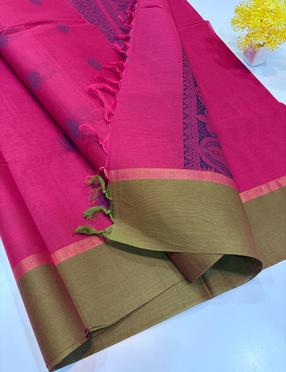 Negamam Pure Cotton Saree – Ruby Pink with Meganthi Green Border