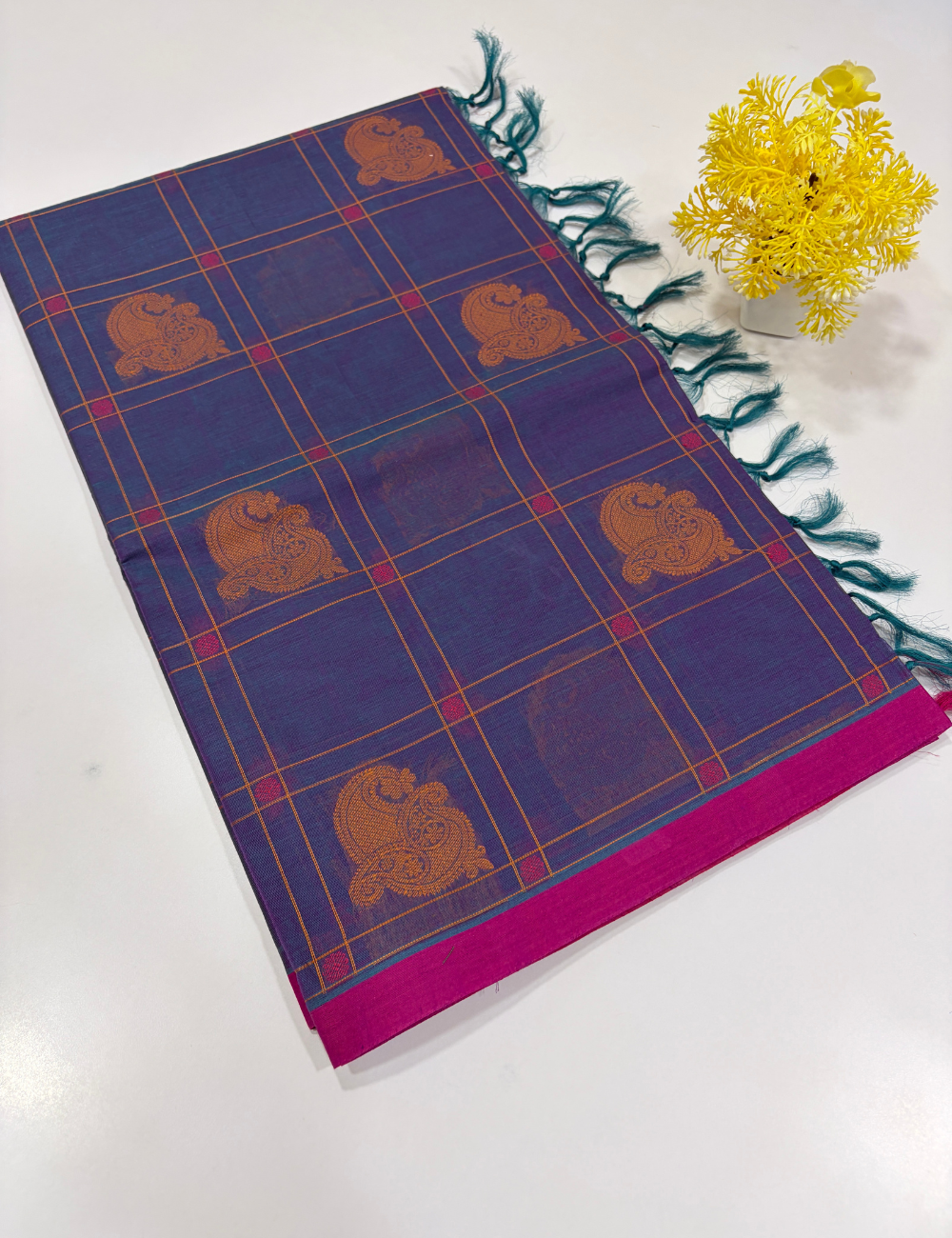 Negamam Pure Cotton Checked Saree – Navy Blue with Thread Putta