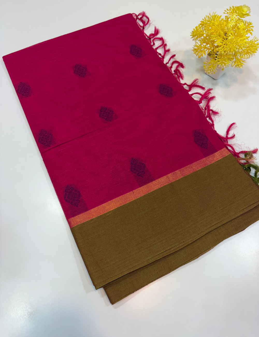 Negamam Pure Cotton Saree – Ruby Pink with Meganthi Green Border