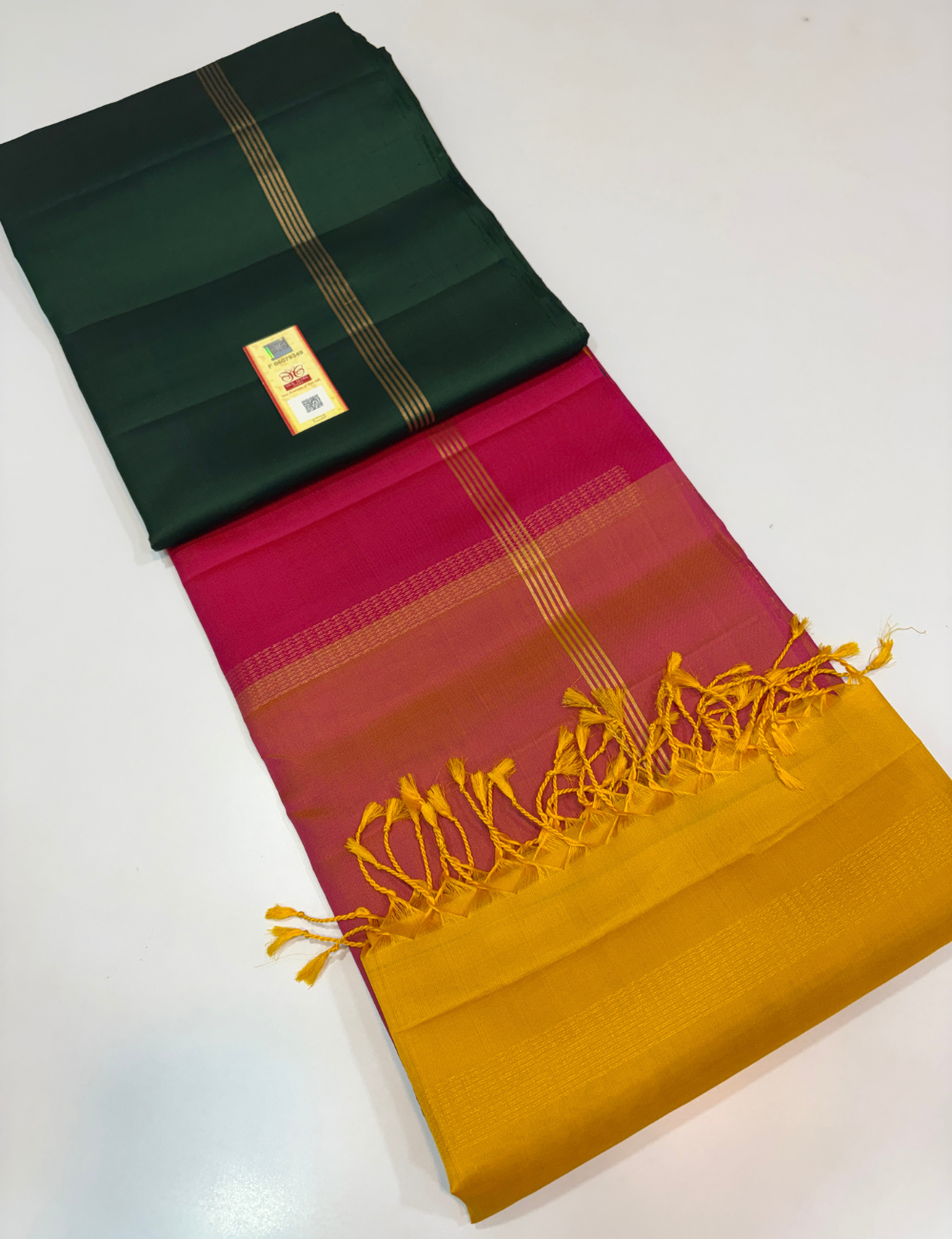 Plain Bottle Green Pure Soft Silk Saree with Tricolour Pallu & Yellow Blouse | Elegant Festive Contrast Saree
