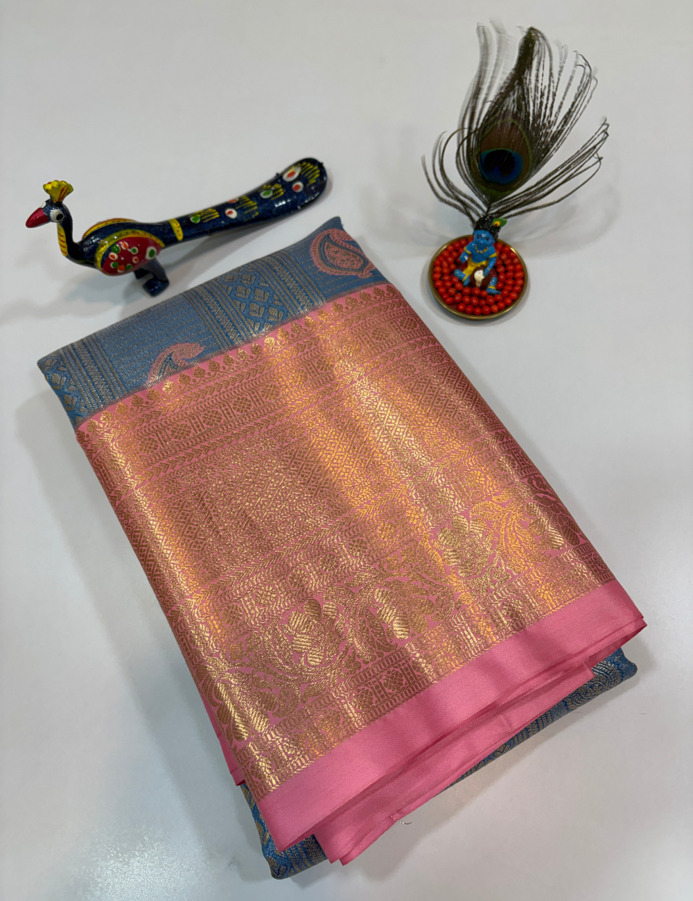 Sea Blue with Candy Pink Korvai Contrast Tissue Semi Bridal Silk Saree | Full Brocade Weaving | Aadithya Handlooms