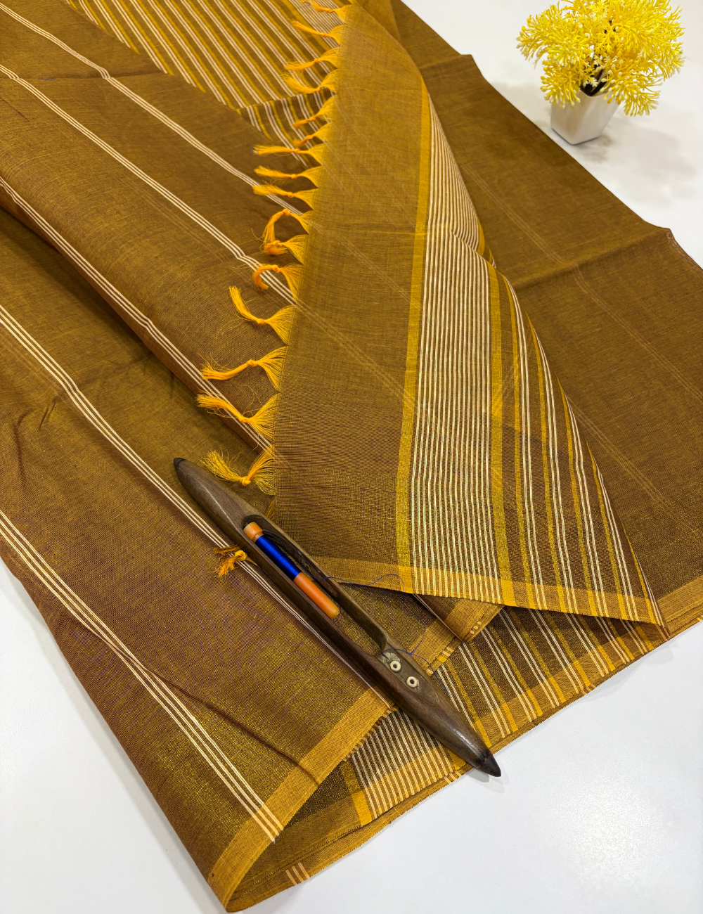 Deep Mustard Brown Pure Cotton Saree with Gold Jari Border