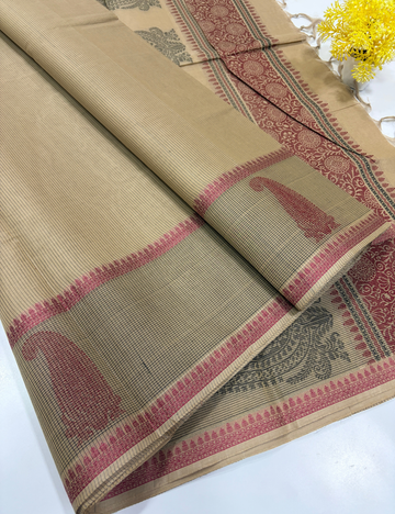 Pure Cotton Pochampally Beige Saree | Thread Putta | One-Side Border