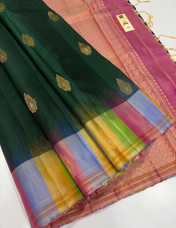 Bottle Green Handloom Pure Soft Silk Saree with Multi Colour Tie and Dye Contrast Border & Gold Zari Weaves | Silk Mark Certified